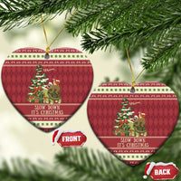 Red heart-shaped ceramic Christmas ornament with sloth and snail on turtle; gold string