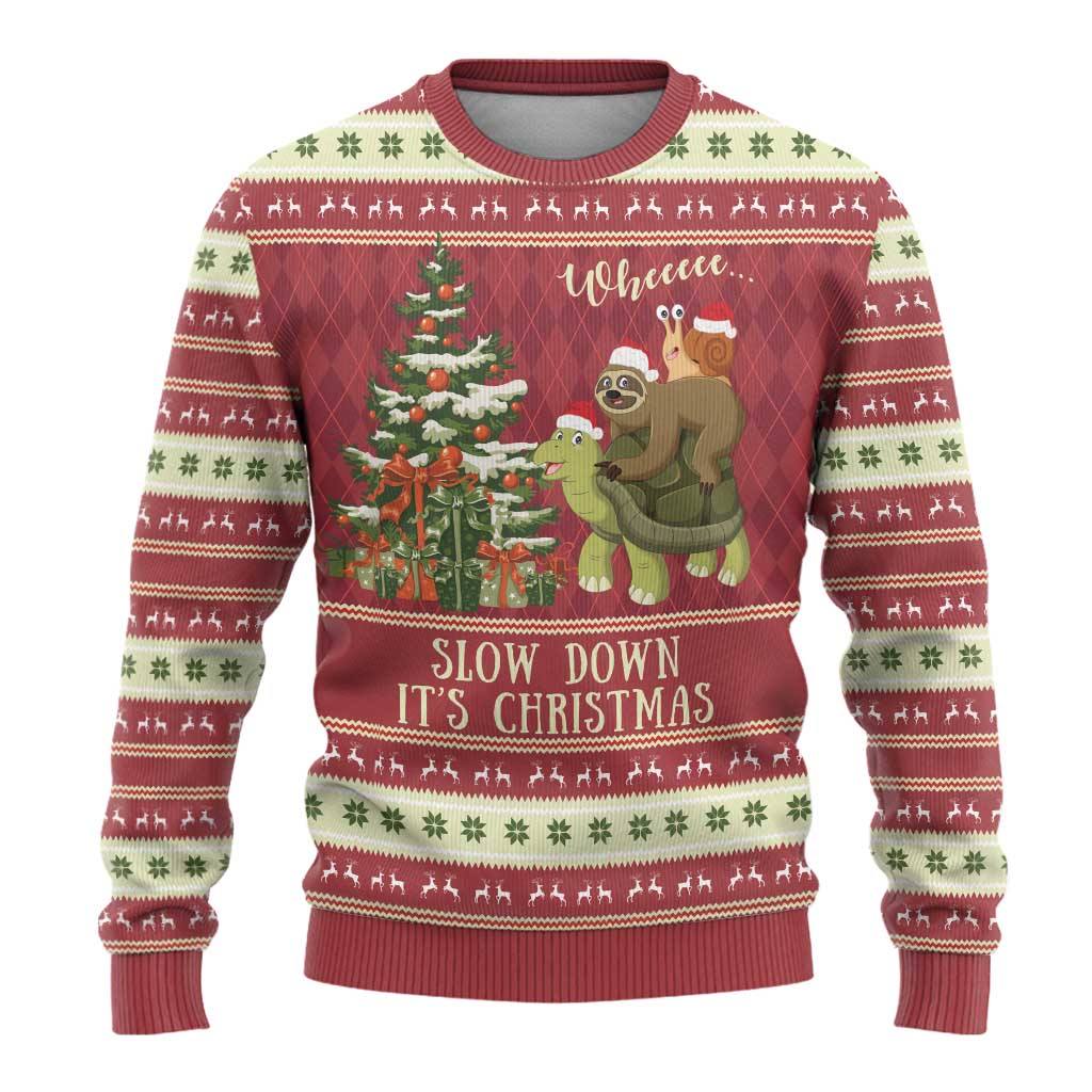 Red ugly Christmas sweater with sloth and turtle graphic and “Slow Down It’s Christmas”