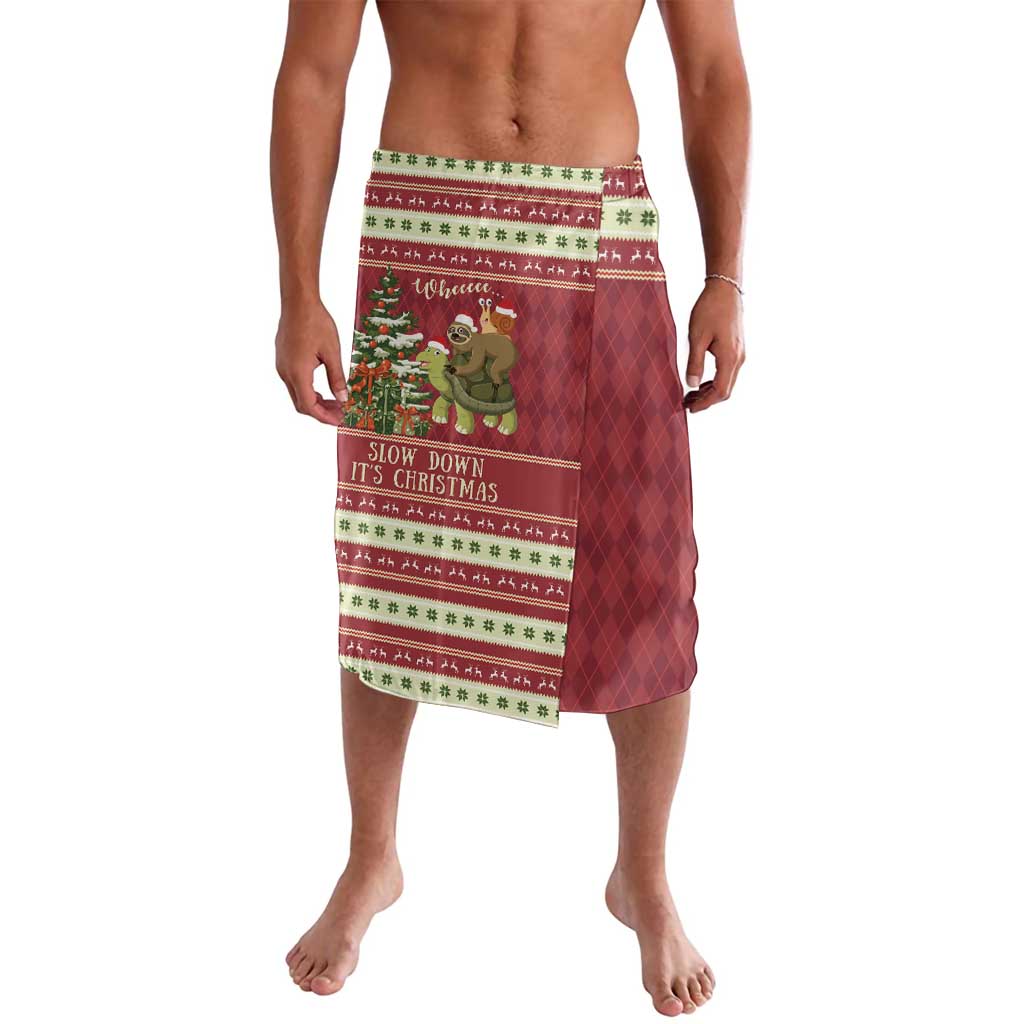 Red Christmas lava lava sarong skirt with sloth graphic and striped border