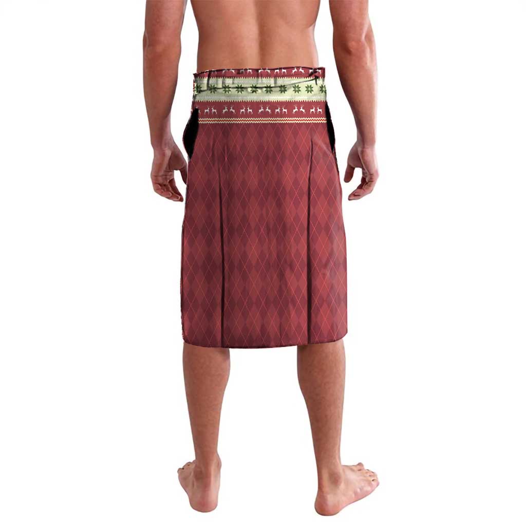 Red Christmas lava lava sarong skirt back view with diamond pattern and hem