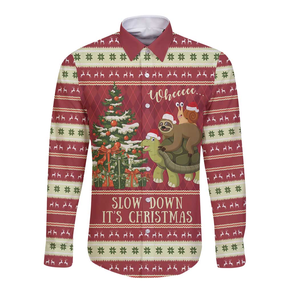 Red long-sleeve button shirt with sloth, snail and turtle Christmas graphic, Slow Down