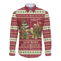 Red long-sleeve button shirt with sloth, snail and turtle Christmas graphic, Slow Down
