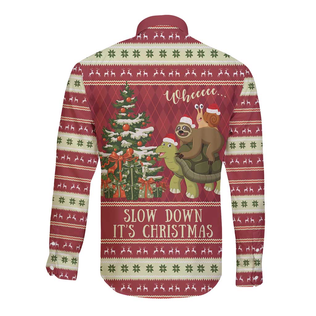 Red long-sleeve button shirt, back print of sloth, snail and turtle, Slow Down Christmas