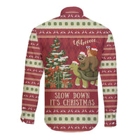 Red long-sleeve button shirt, back print of sloth, snail and turtle, Slow Down Christmas
