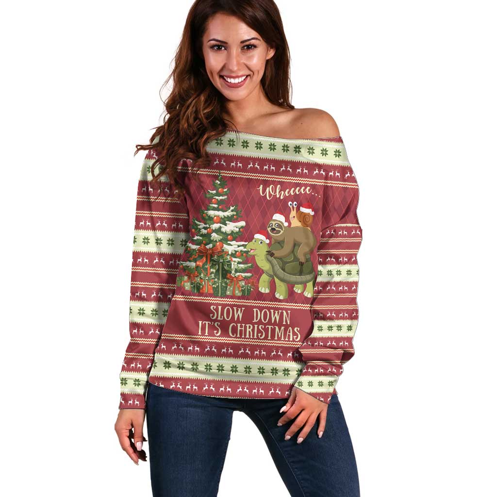 Sloth And Snail Riding A Turtle Wheeee Off Shoulder Sweater Slow Down It's Christmas - Wonder Print Shop