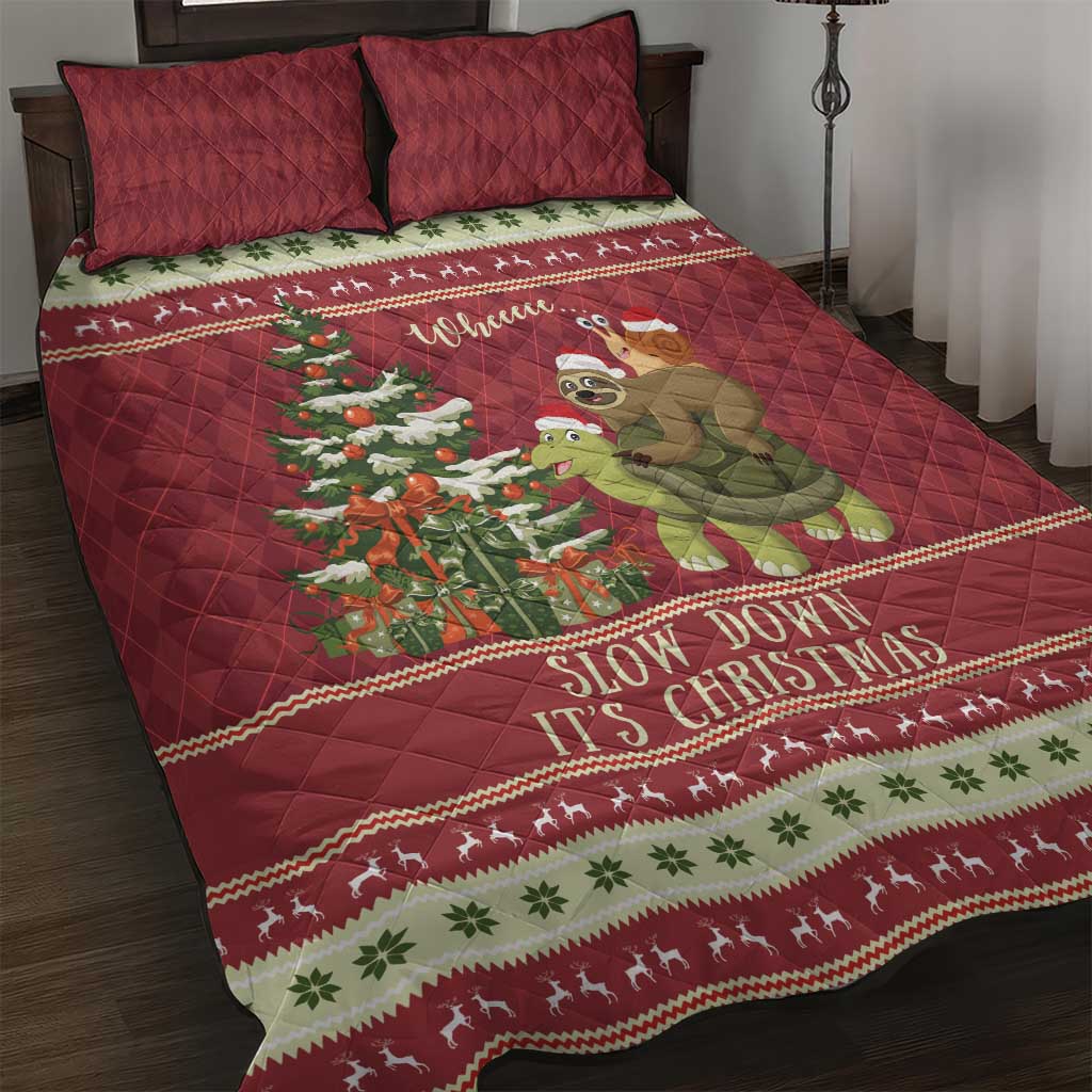 Sloth And Snail Riding A Turtle Wheeee Quilt Bed Set Slow Down It's Christmas - Wonder Print Shop