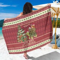 Red Christmas sarong with cartoon sloth and snail riding a turtle, festive border