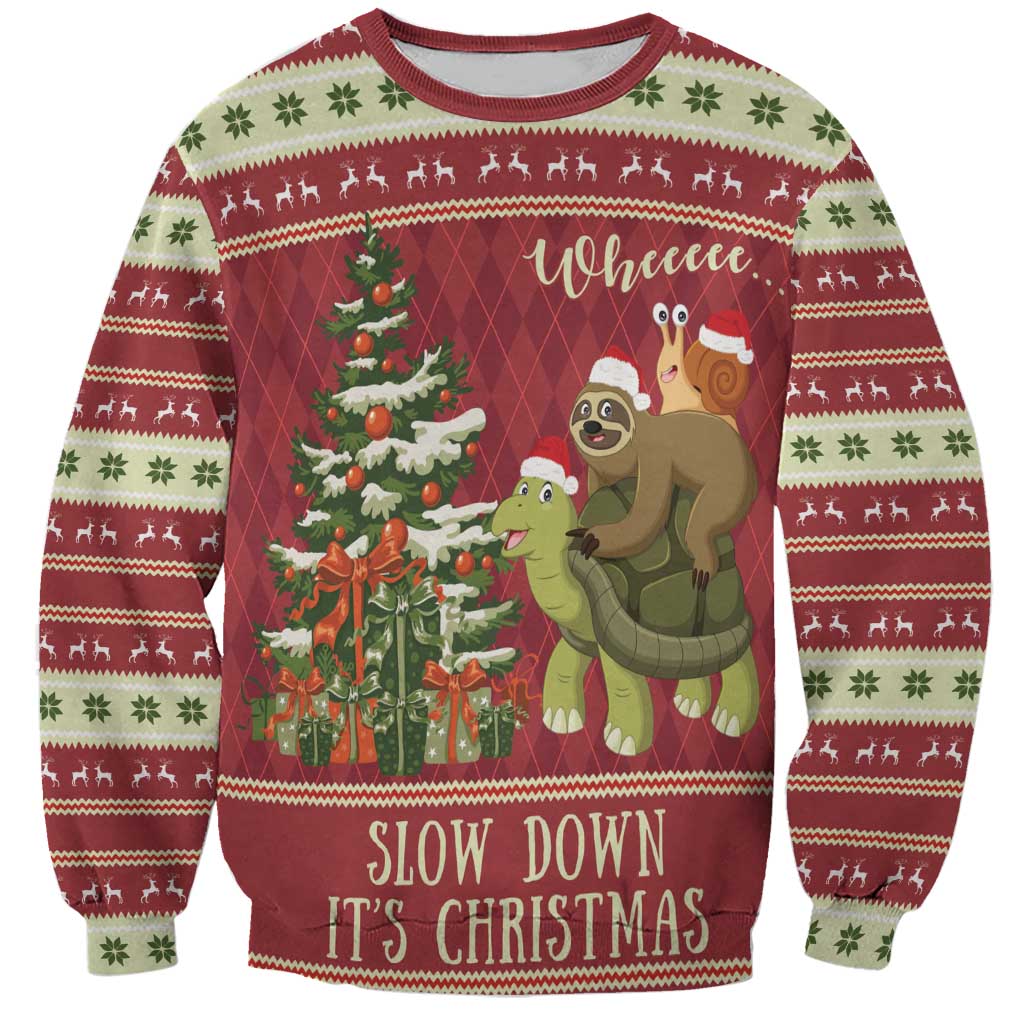 Red unisex Christmas sweatshirt with sloth-and-snail riding a turtle, 'Wheeee' and 'Slow Down It's Christmas'