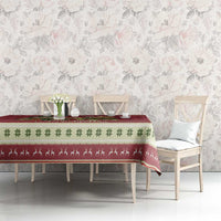 Red Christmas tablecloth with green clover stripe and holiday silhouette border