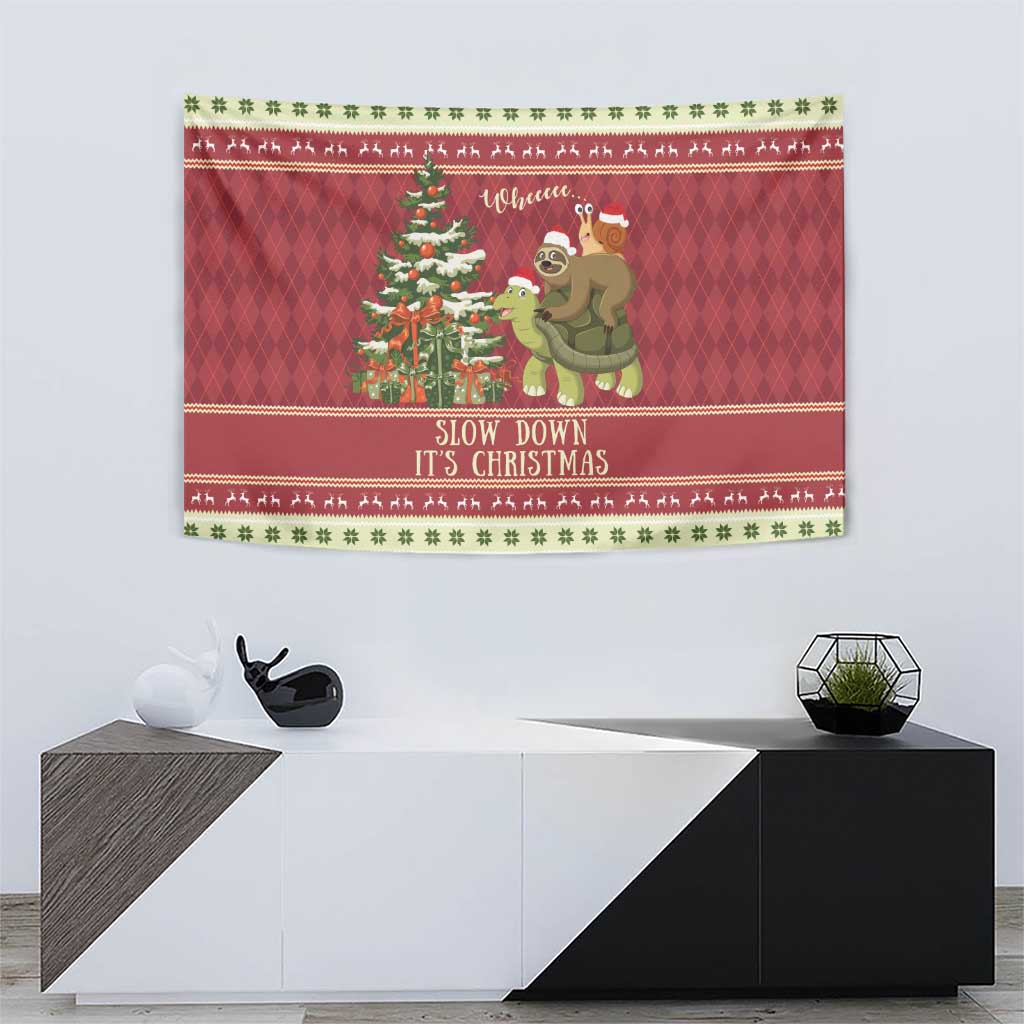 Red Christmas wall tapestry with sloth, snail and turtle around a pine tree and holiday text