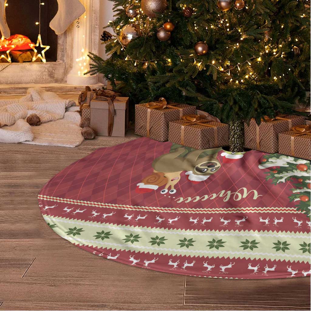 Red Christmas tree skirt with illustrated slow-down animals and tasseled fringe edge