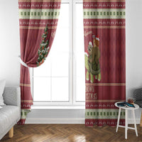 Red window curtain panel with Christmas sloth and snail riding turtle design