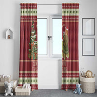Red Christmas window curtains with sloth riding turtle graphic and decorative border