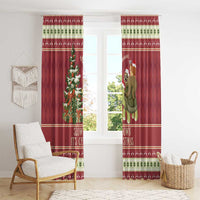 Red Christmas curtain panels with sloth and snail riding turtle artwork and green stripe