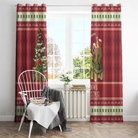 Red Christmas window curtain panels featuring sloth and snail riding a turtle motif