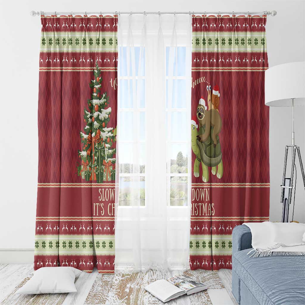 Red Christmas curtain panels with holiday pattern top border and sloth on turtle center