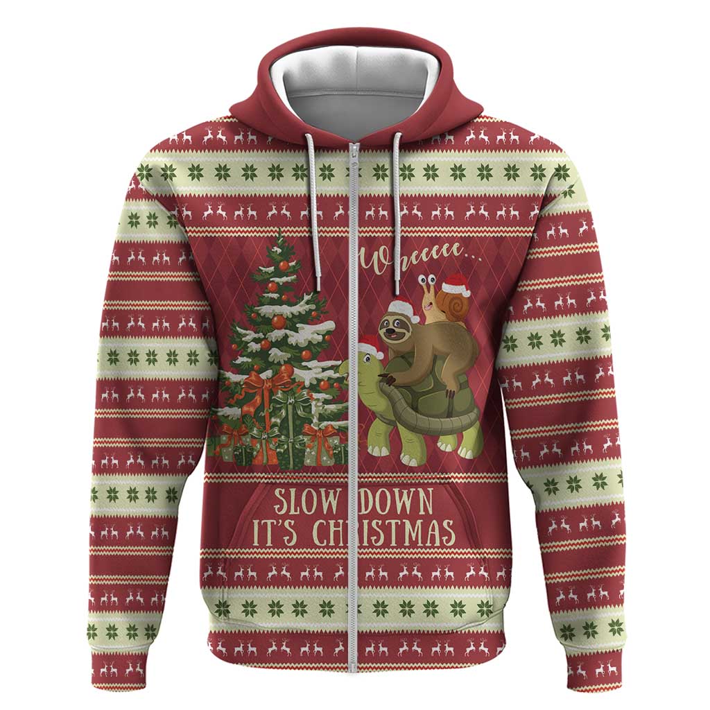 Sloth And Snail Riding A Turtle Wheeee Zip Hoodie Slow Down It's Christmas - Wonder Print Shop