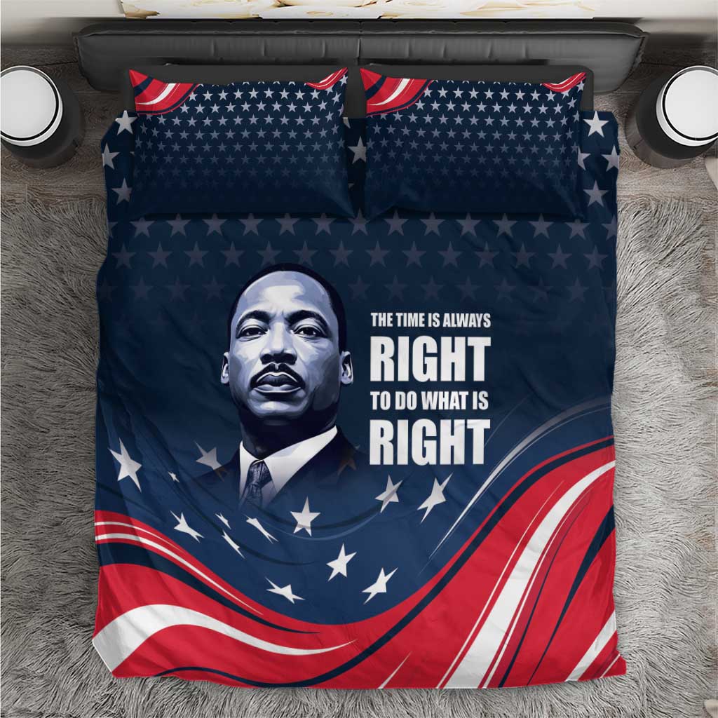 Blue bedding set with MLK portrait, stars, and patriotic red-and-white wave stripes