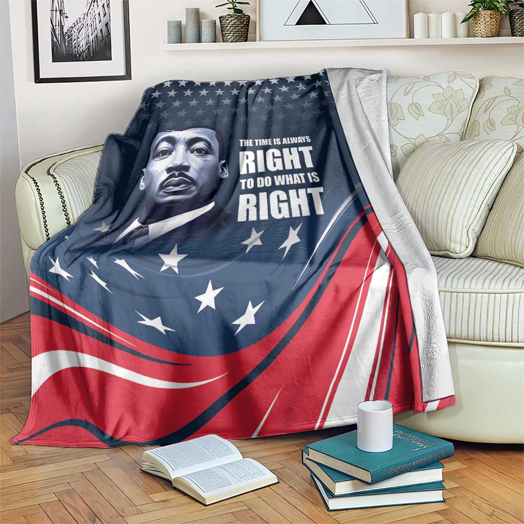 Blue throw blanket with Martin Luther King Jr. portrait, stars, and red-white stripes