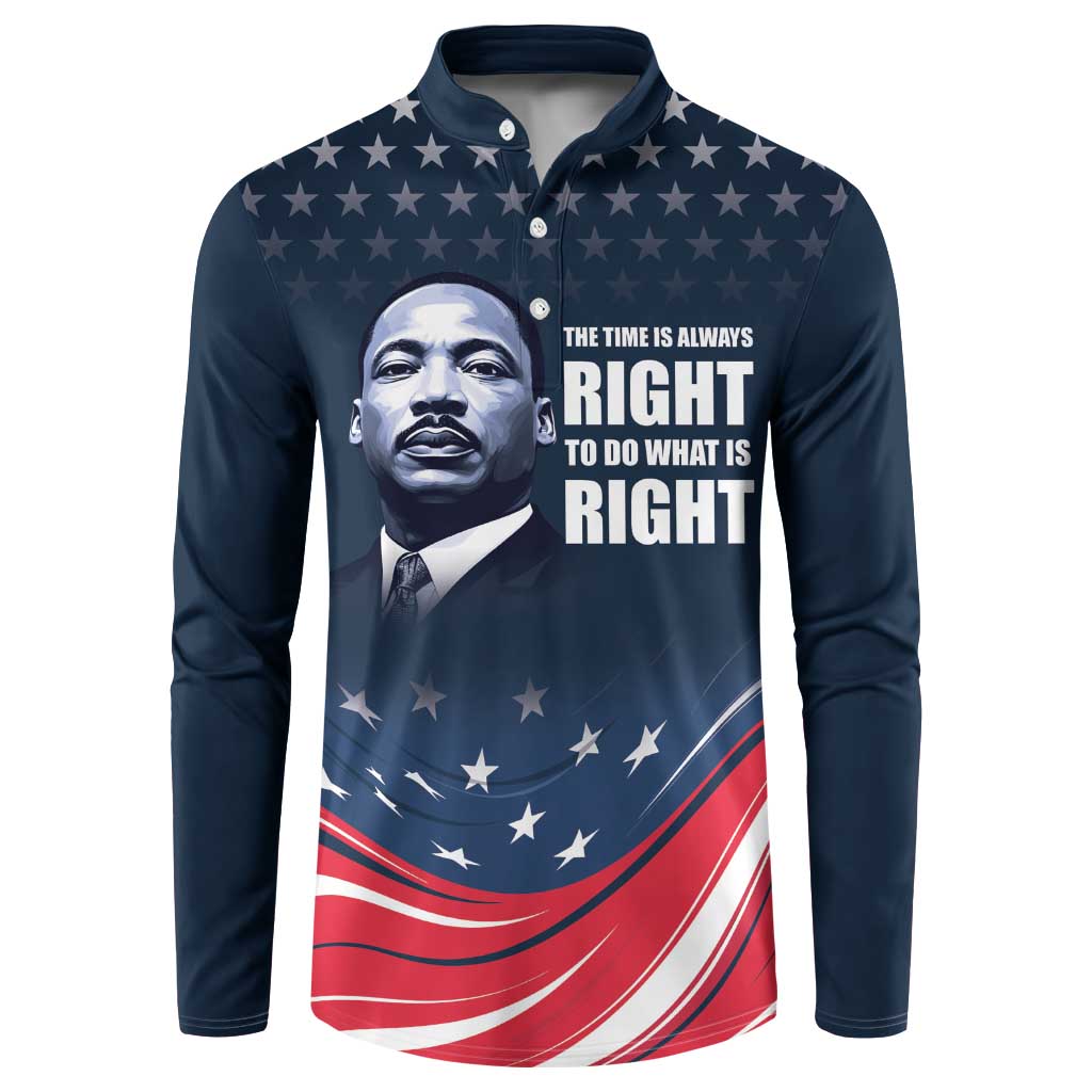 Navy button sweatshirt with MLK portrait, stars, and red-white stripe graphic