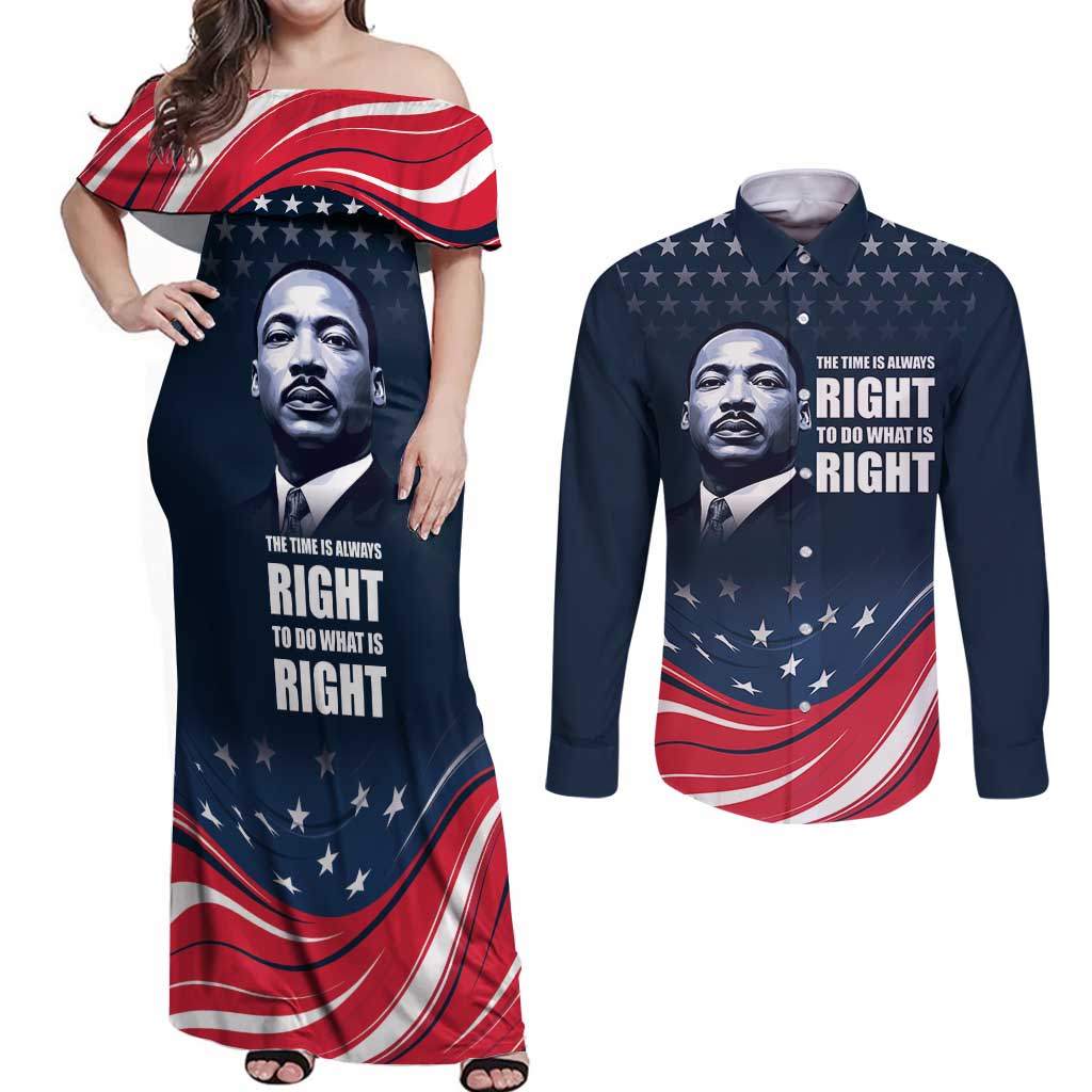 Honor of MLK Day Couples Matching Off Shoulder Maxi Dress and Long Sleeve Button Shirt The Time Is Always Right To Do What Is Right LT9 - Wonder Print Shop