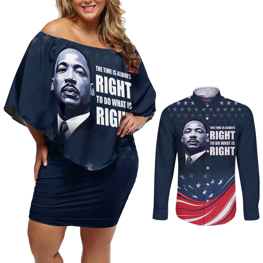 Honor of MLK Day Couples Matching Off Shoulder Short Dress and Long Sleeve Button Shirt The Time Is Always Right To Do What Is Right LT9 - Wonder Print Shop