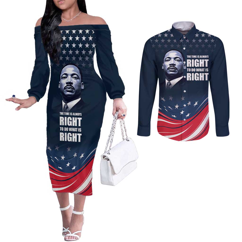 Honor of MLK Day Couples Matching Off The Shoulder Long Sleeve Dress and Long Sleeve Button Shirt The Time Is Always Right To Do What Is Right