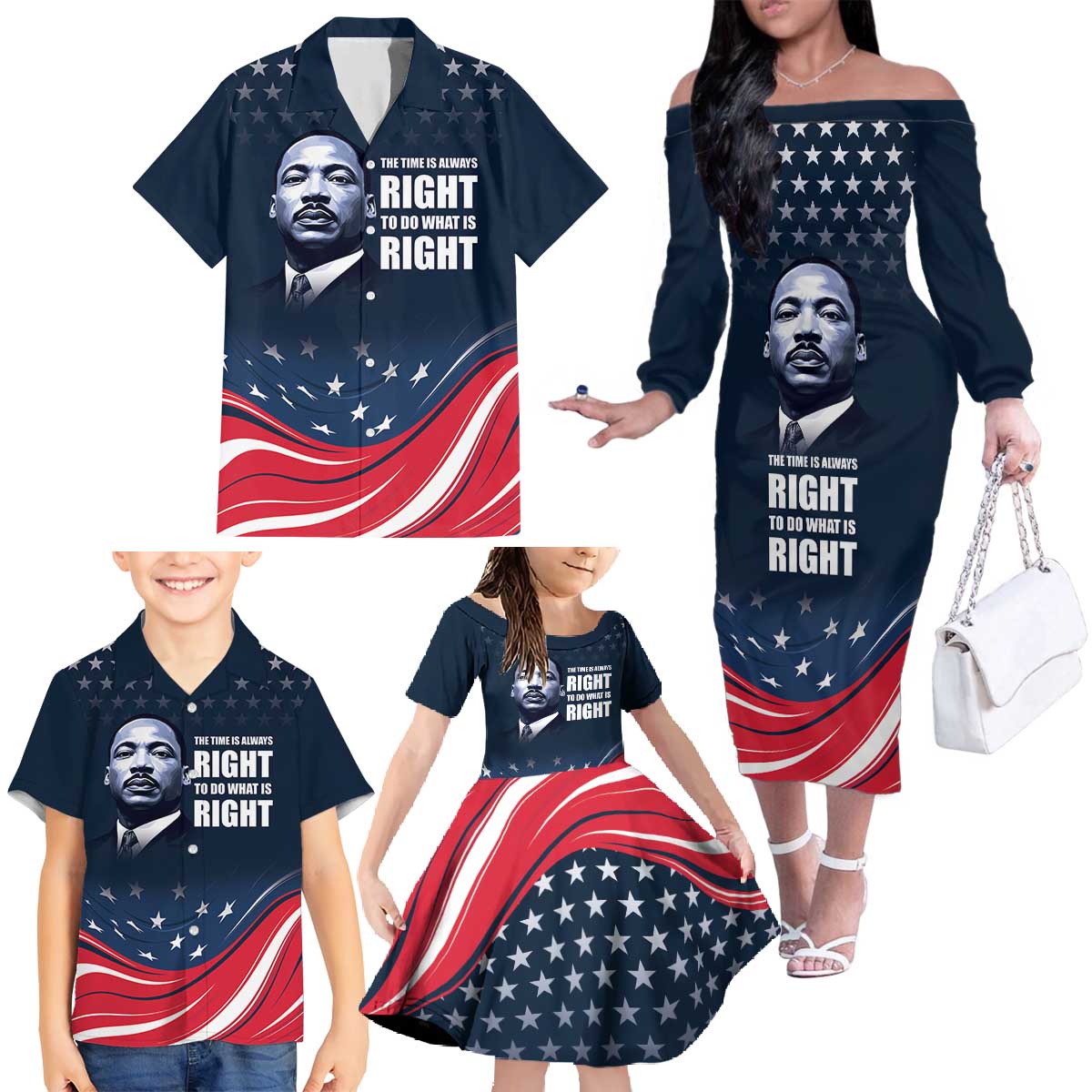 Honor of MLK Day Family Matching Off The Shoulder Long Sleeve Dress and Hawaiian Shirt The Time Is Always Right To Do What Is Right - Wonder Print Shop