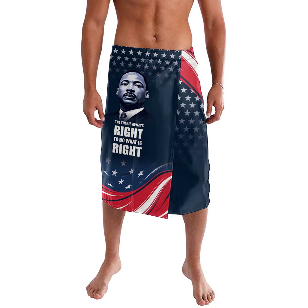 Men's lavalava sarong with MLK portrait and U.S. flag graphic, blue and red