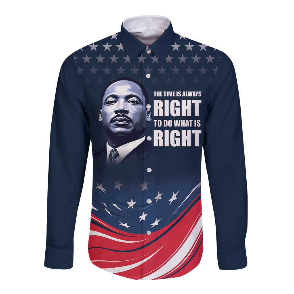 Blue long-sleeve button shirt with MLK portrait and starry quote graphic