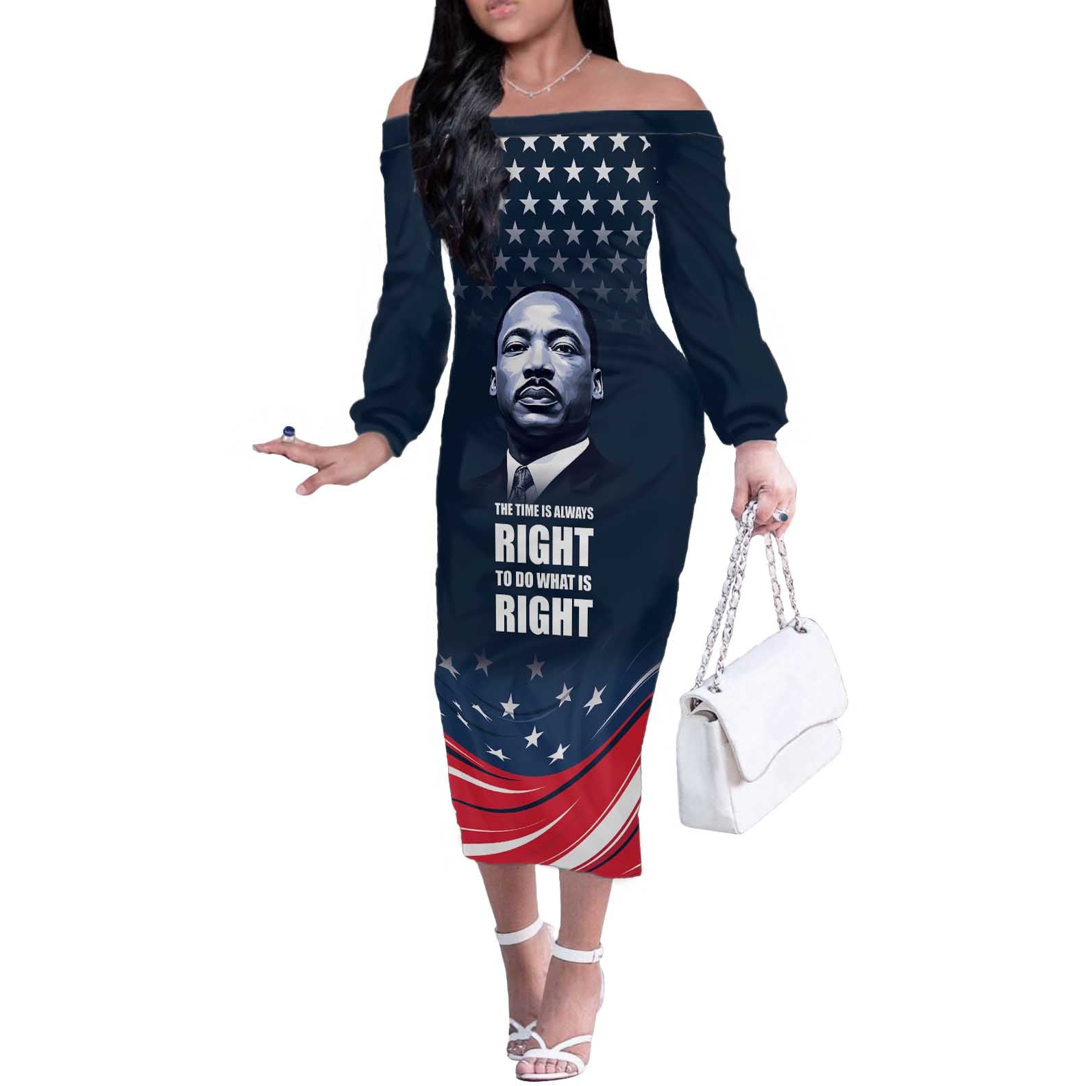 Honor of MLK Day Off The Shoulder Long Sleeve Dress The Time Is Always Right To Do What Is Right - Wonder Print Shop