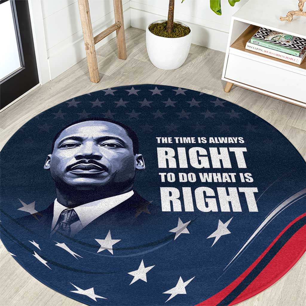 Round blue rug with Martin Luther King Jr. portrait, stars, and red stripe border