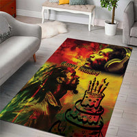 Happy Birthday reggae area rug featuring lion face, cake icon, and bold red-yellow-green artwork