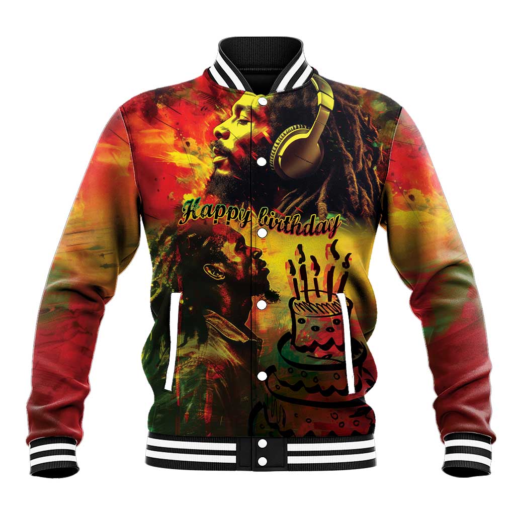 Unisex reggae baseball jacket, black button front and striped ribbed collar; 'Happy Birthday' print
