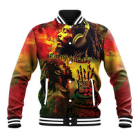 Unisex reggae baseball jacket, black button front and striped ribbed collar; 'Happy Birthday' print