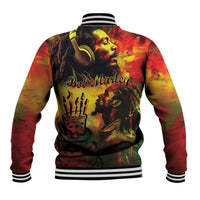 Unisex reggae baseball jacket back with striped collar and 'Bob Marley' portrait graphic
