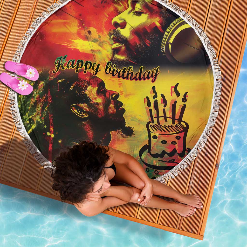 Round reggae beach blanket with fringe, 'Happy birthday' text, king and drum cake art