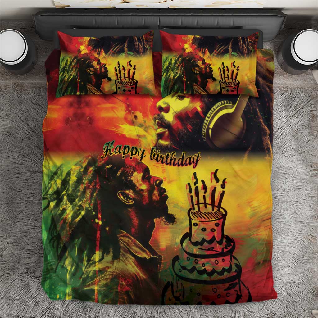 Reggae king bedding set duvet with “Happy birthday” text, multicolor tie-dye print, pillow pair