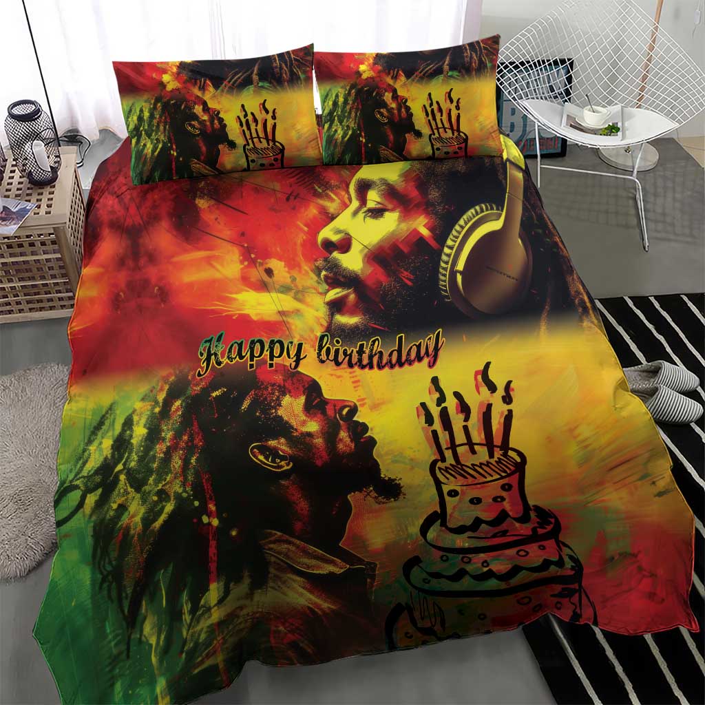Reggae king bedding set duvet with “Happy birthday” and cake king graphic, vibrant multicolor print