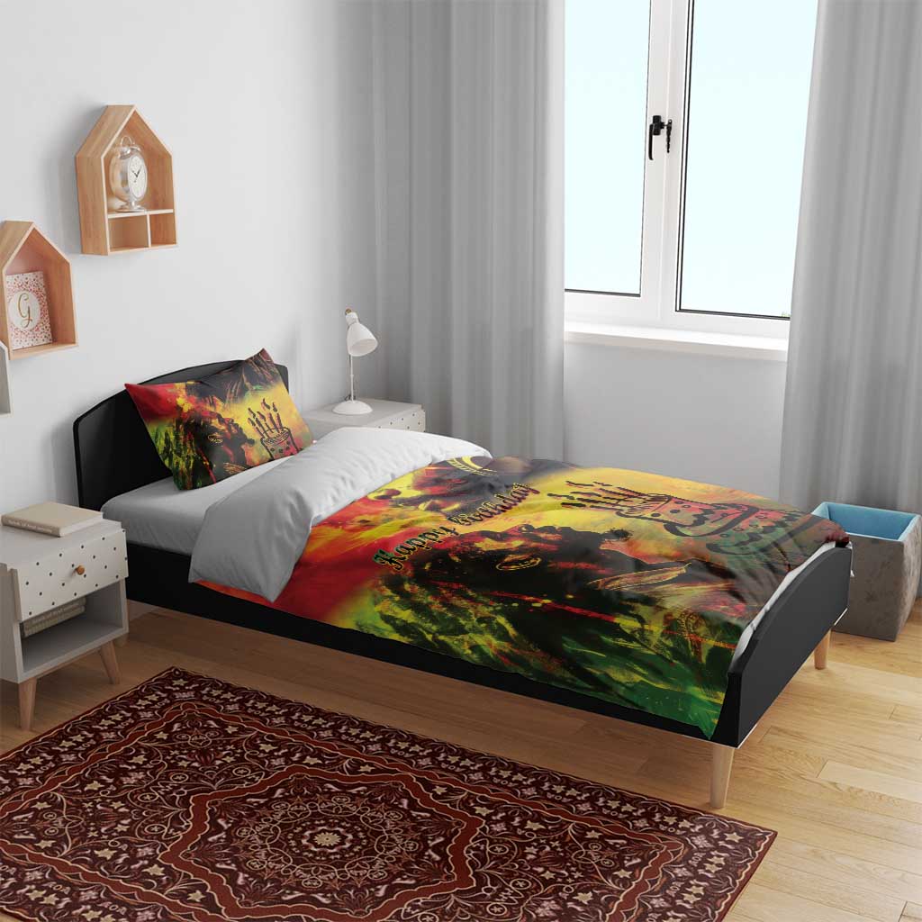 Reggae king bedding set duvet and pillows, bold multicolor reggae “Happy birthday” design