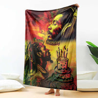 Happy birthday throw blanket, portrait and birthday cake with candles on dark red background