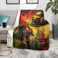 Happy birthday throw blanket on gray sofa, colorful reggae king and candle cake design
