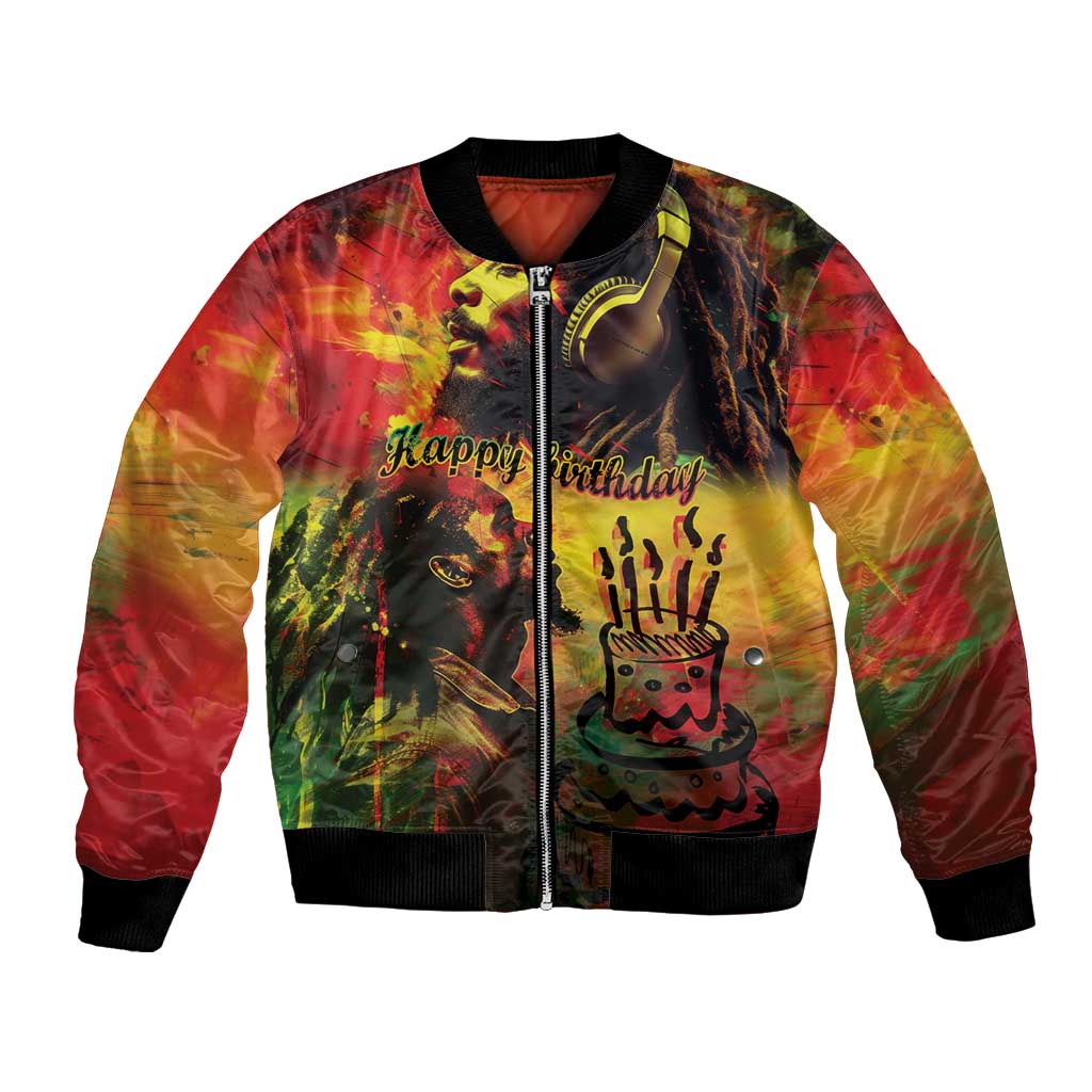 Reggae bomber jacket with black ribbed collar, front zipper, colorful birthday graphic