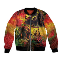 Reggae bomber jacket with black ribbed collar, front zipper, colorful birthday graphic