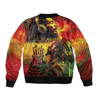 Reggae bomber jacket with black ribbed hem, back print featuring Bob Marley portrait