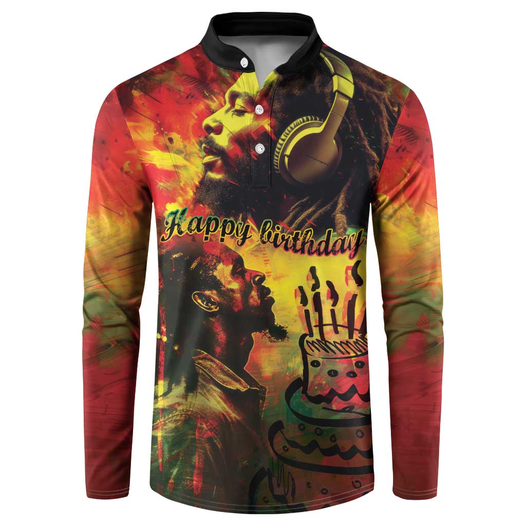 Button-front long-sleeve sweatshirt with reggae-style portrait graphic, black collar