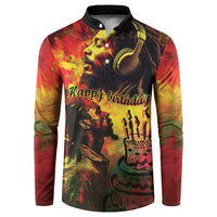 Button-front long-sleeve sweatshirt with reggae-style portrait graphic, black collar