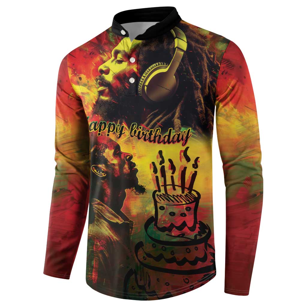 Button-front long-sleeve sweatshirt with 'Happy Birthday' and cake graphic, black trim