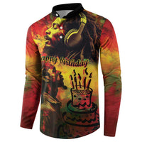 Button-front long-sleeve sweatshirt with 'Happy Birthday' and cake graphic, black trim