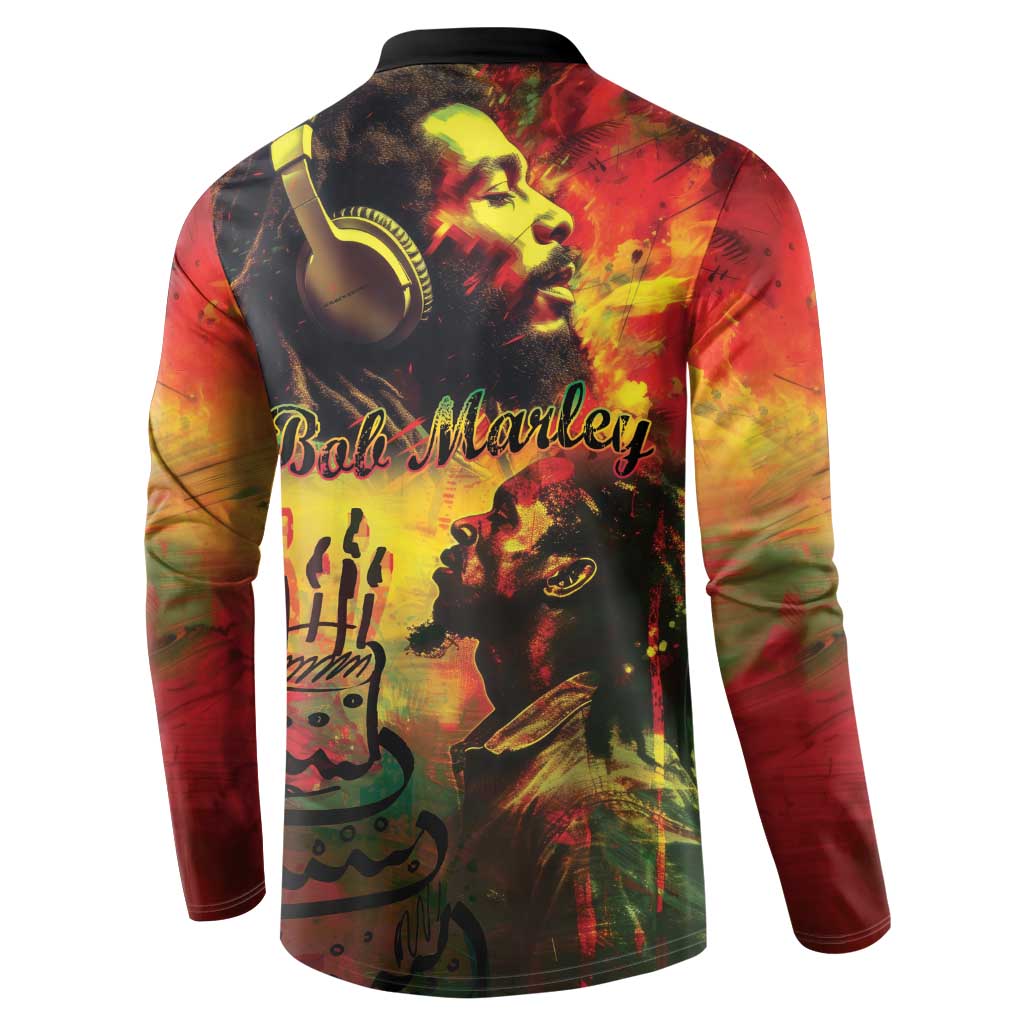Button-front long-sleeve sweatshirt with 'Bob Marley' back graphic, black collar